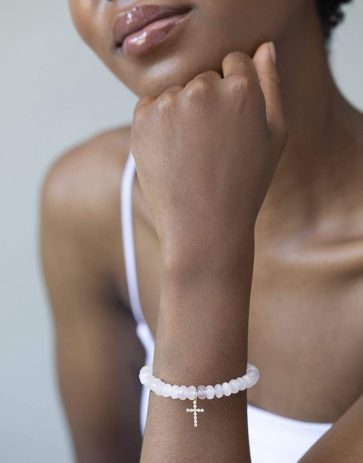SYDNEY EVAN-Diamond Cross Rose Quartz Bracelet-YELLOW GOLD