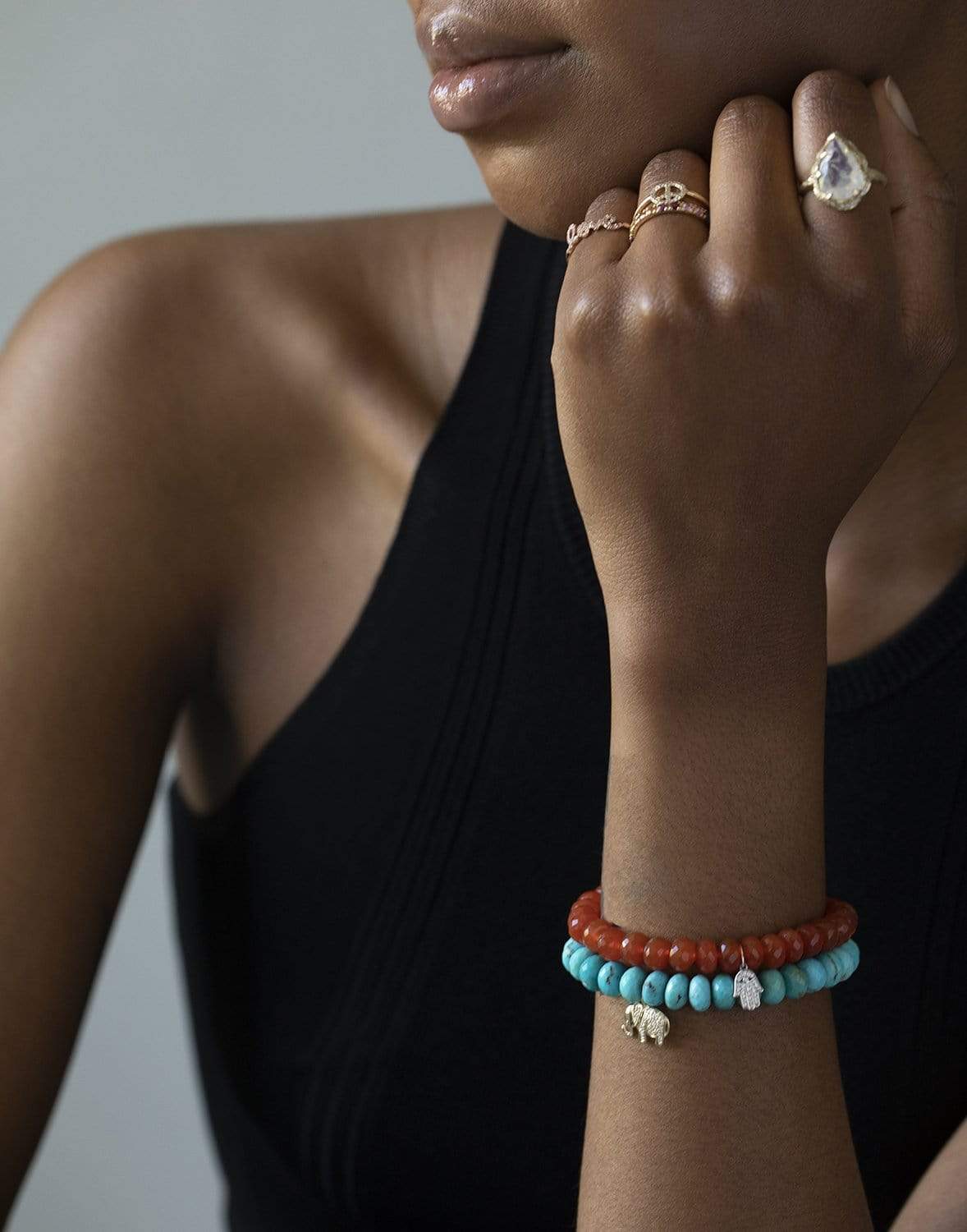 SYDNEY EVAN-Diamond Elephant Turquoise Bead Bracelet-YELLOW GOLD