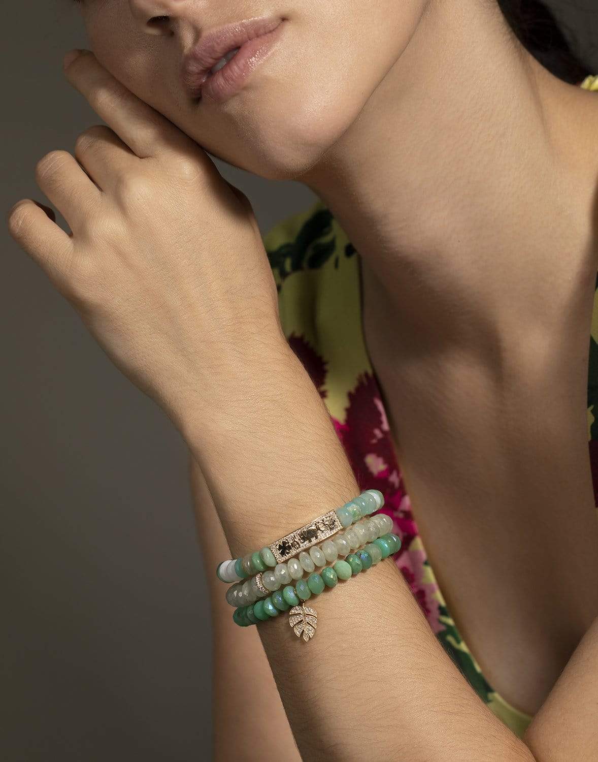SYDNEY EVAN-Diamond Monstera Chrysoprase Bead Bracelet-YELLOW GOLD