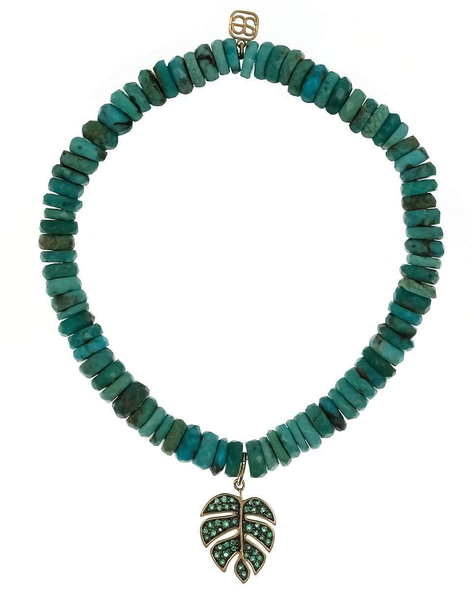 SYDNEY EVAN-Emerald Monstera Leaf Charm Turquoise Bead Bracelet-YELLOW GOLD