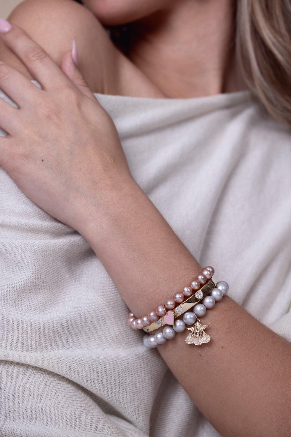 SYDNEY EVAN-Enamel Heart Pearl Charm Bracelet-YELLOW GOLD