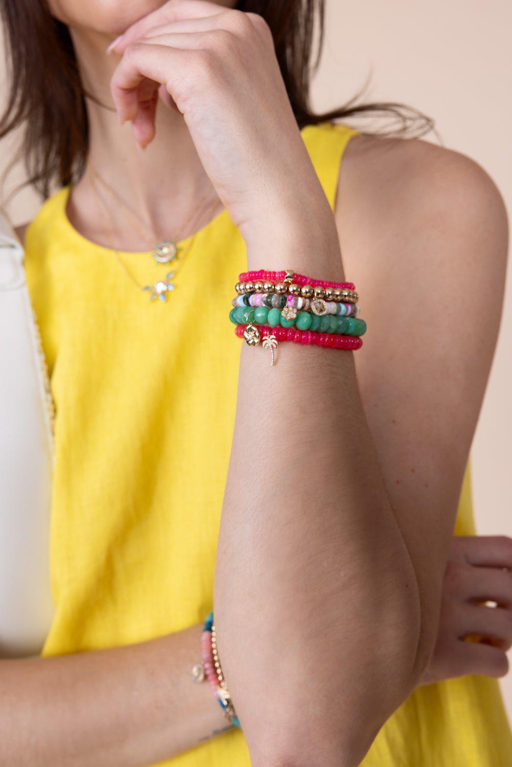 SYDNEY EVAN-Micro Palm Tree Pink Opal Charm Bracelet-YELLOW GOLD