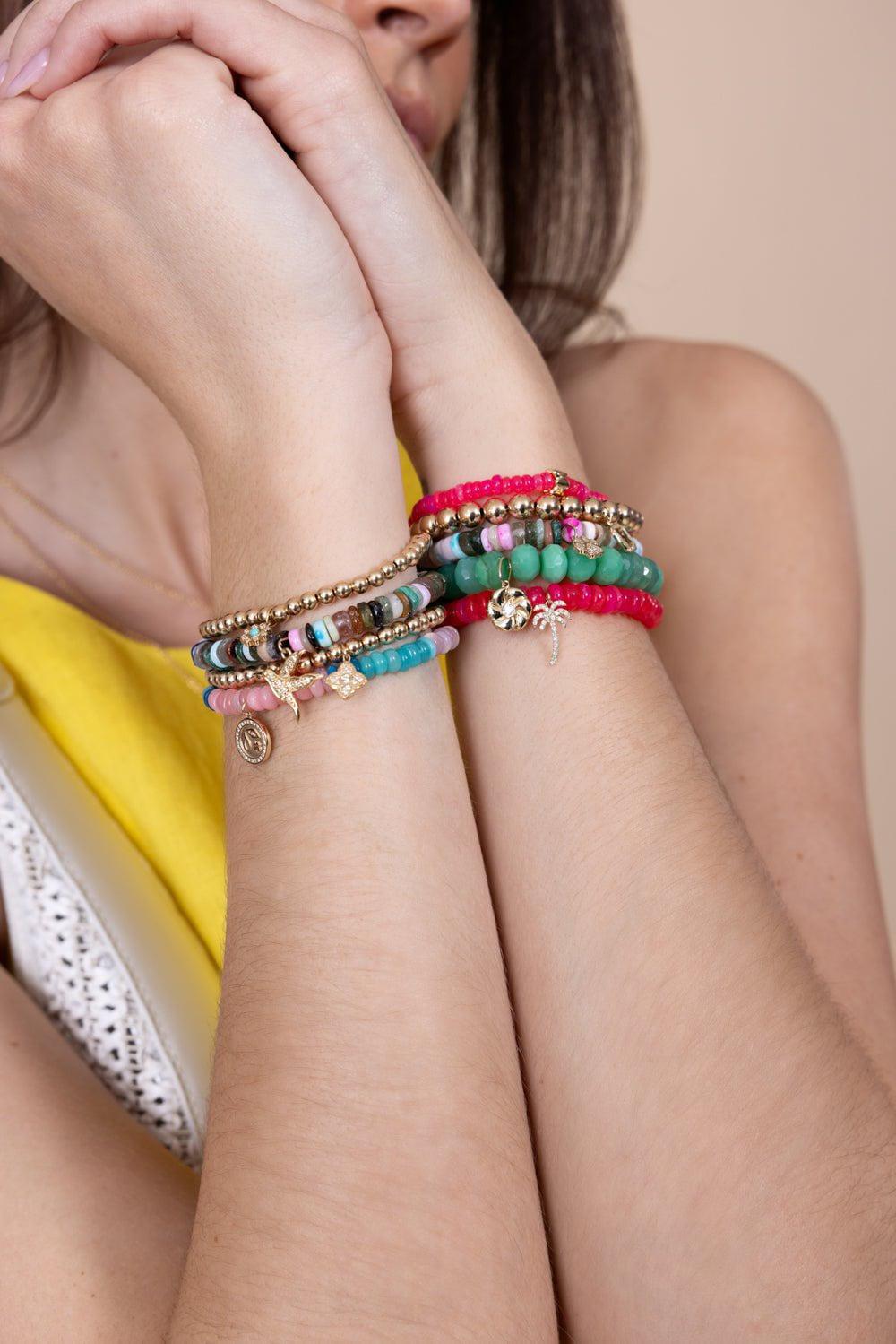 SYDNEY EVAN-Micro Palm Tree Pink Opal Charm Bracelet-YELLOW GOLD