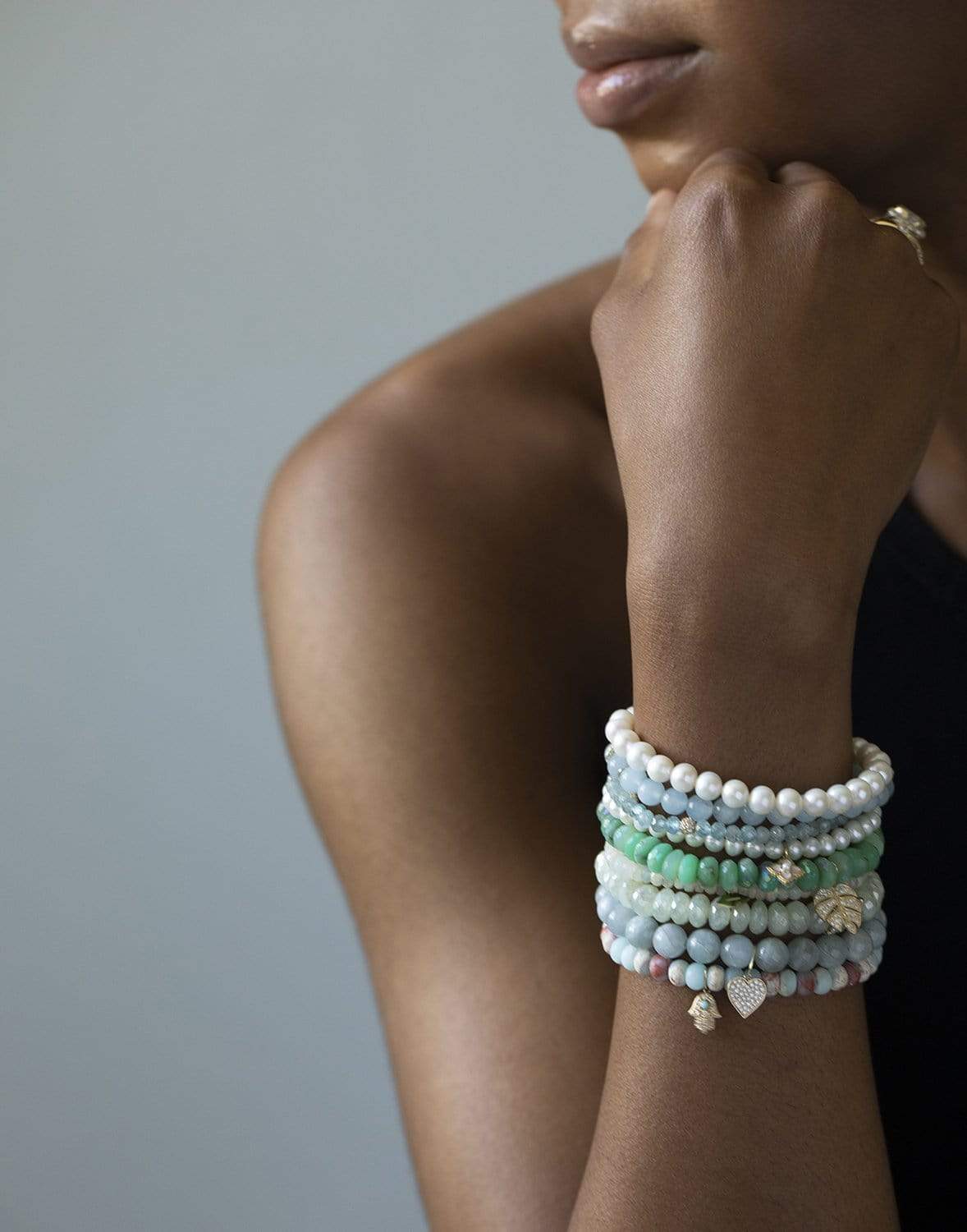 SYDNEY EVAN-Mini Diamond Heart Aquamarine Bead Bracelet-YELLOW GOLD