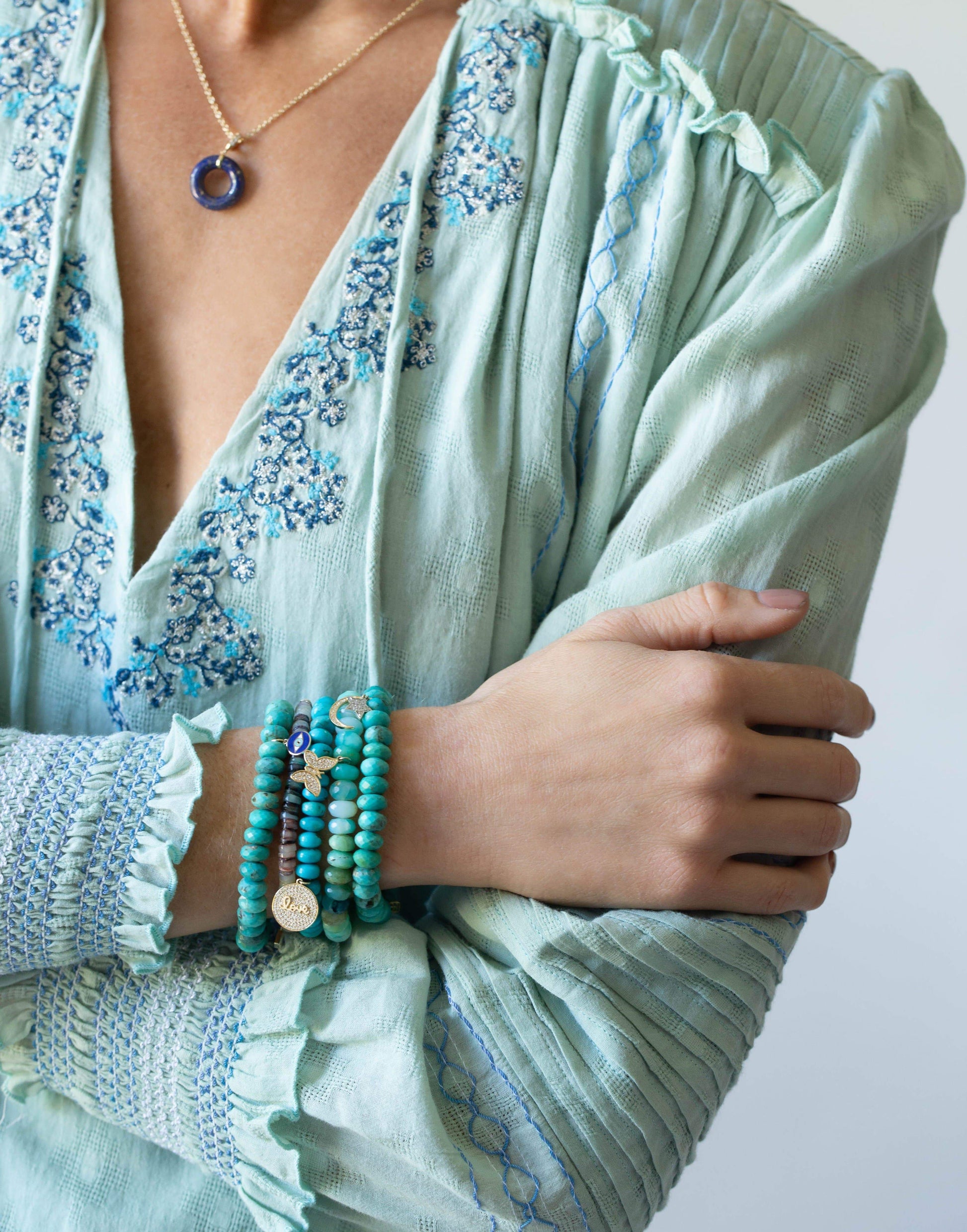SYDNEY EVAN-Moon and Star Charm Turquoise Bead Bracelet-YELLOW GOLD