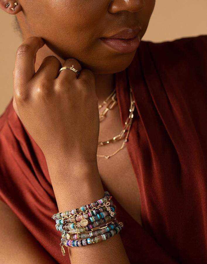 SYDNEY EVAN-Pave Diamond Love Script Charm on Multi Opal Bracelet-YELLOW GOLD
