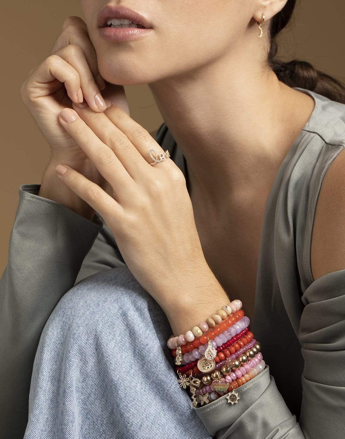 SYDNEY EVAN-Pave Flame Orange Agate Bead Bracelet-YELLOW GOLD