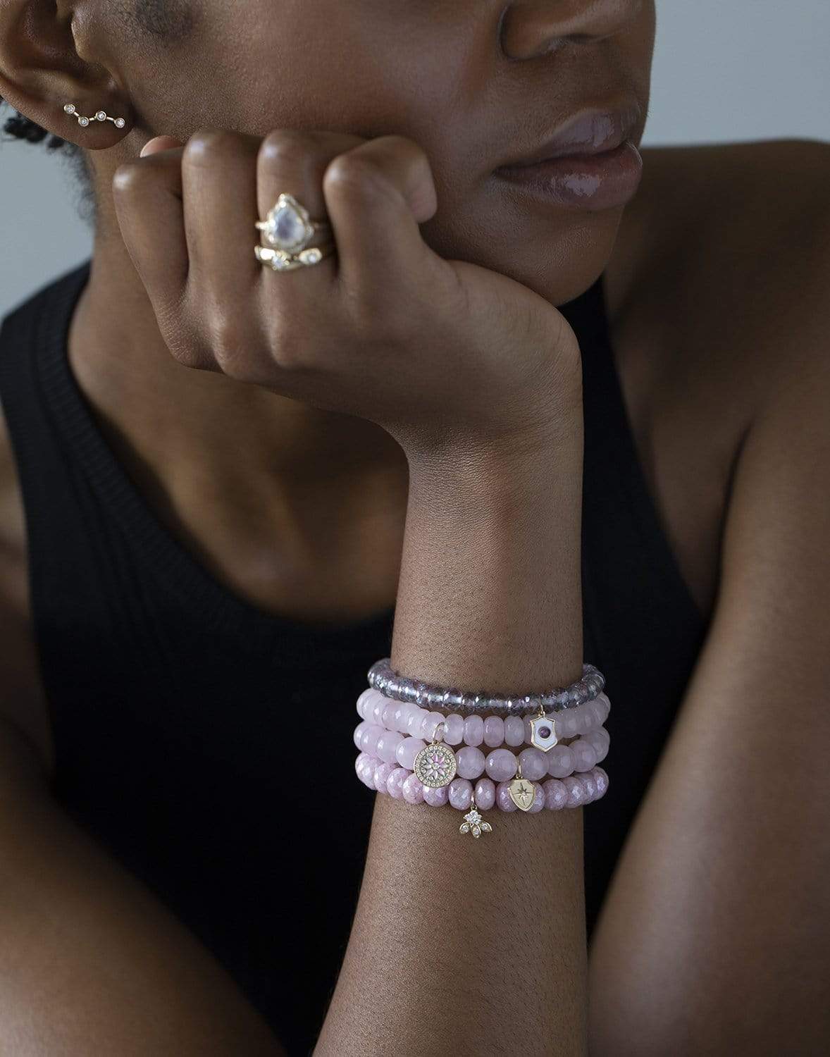 SYDNEY EVAN-Pave Kaleidoscope Rose Quartz Bead Bracelet-YELLOW GOLD