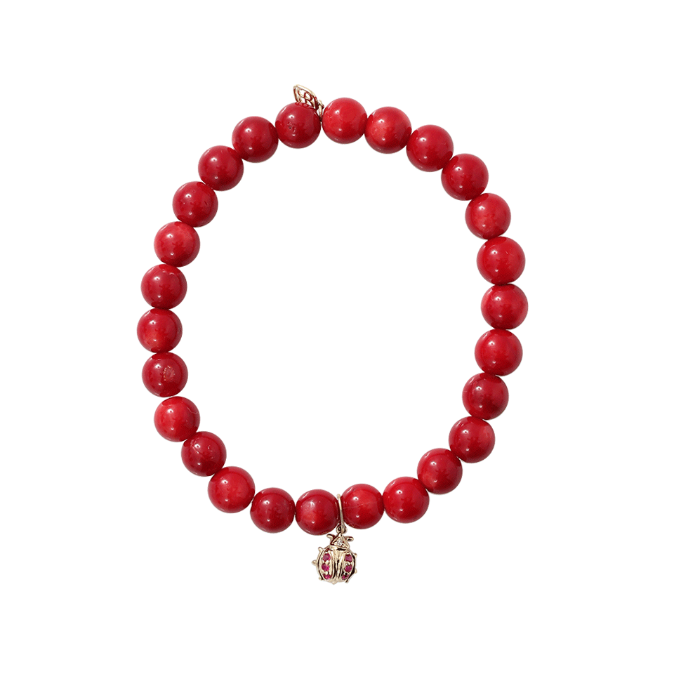 SYDNEY EVAN-Ruby Ladybug Beaded Bracelet-YELLOW GOLD