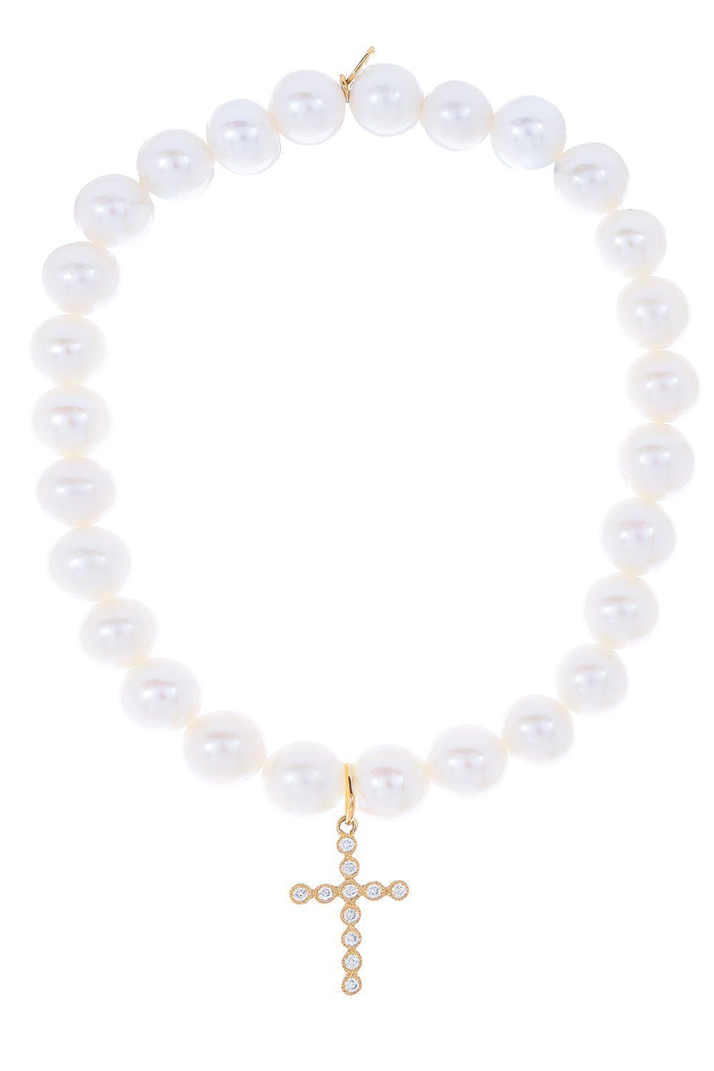 SYDNEY EVAN-Small Bezel Cross Pearl Charm Bracelet-YELLOW GOLD