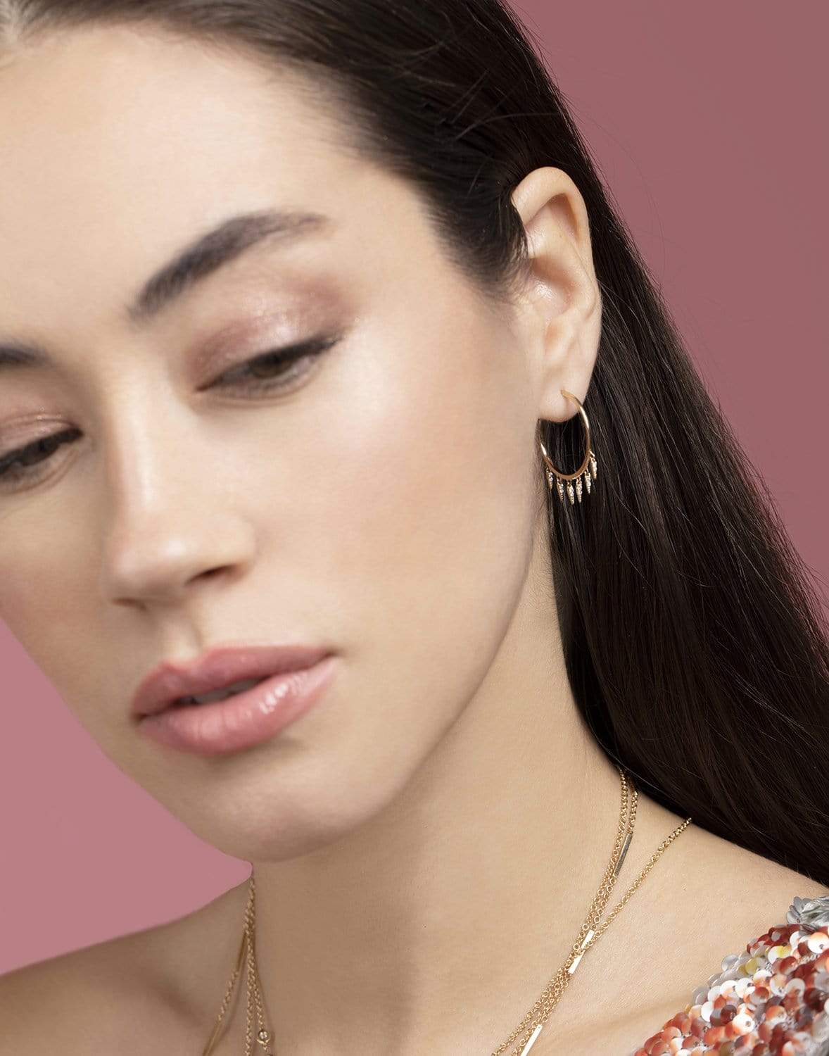 SYDNEY EVAN-Diamond Medium Fringe Hoops-YELLOW GOLD