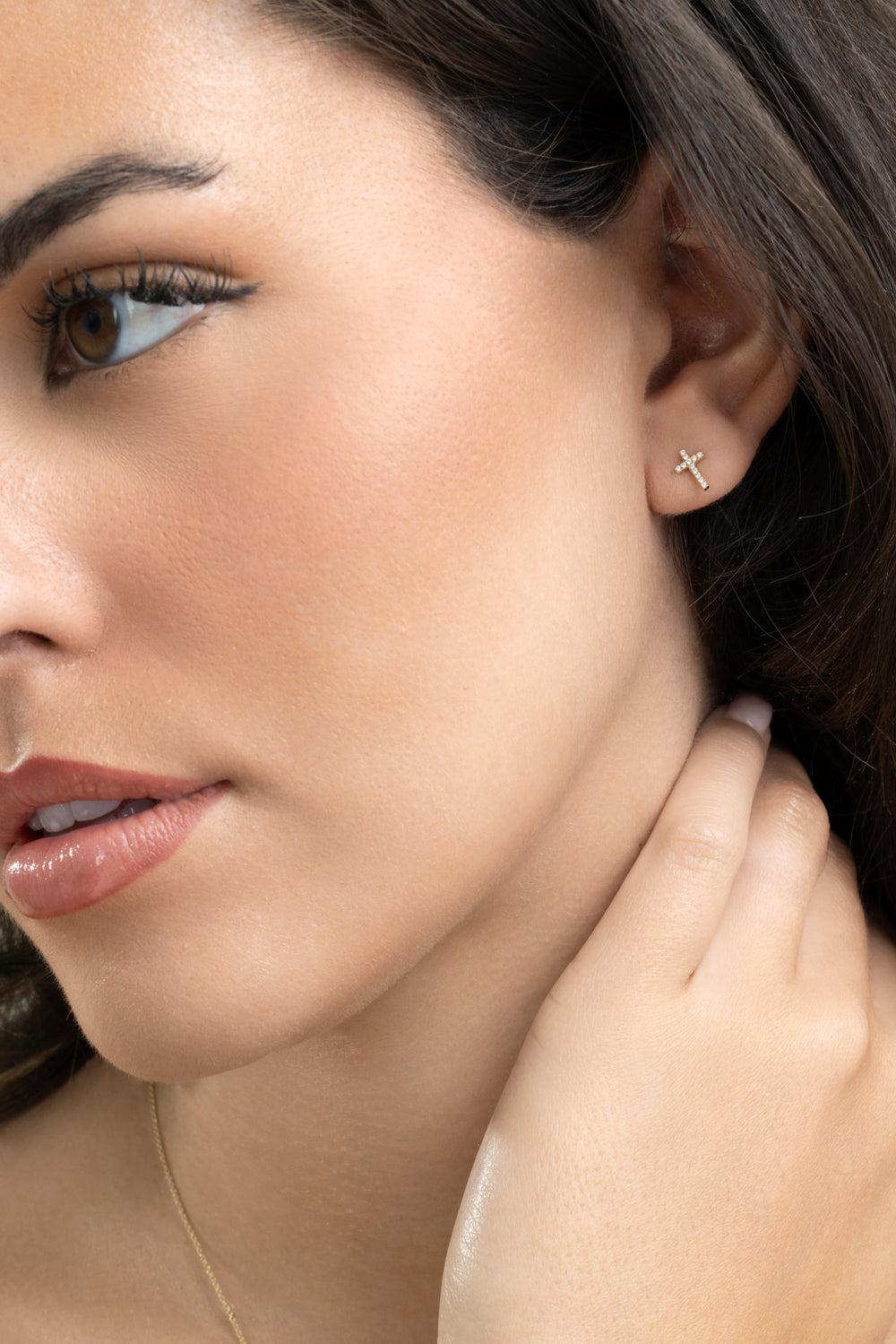 Diamond Small Cross Stud Earrings-YELLOW GOLD-JEWELRYFINE JEWELEARRING-SYDNEY EVAN