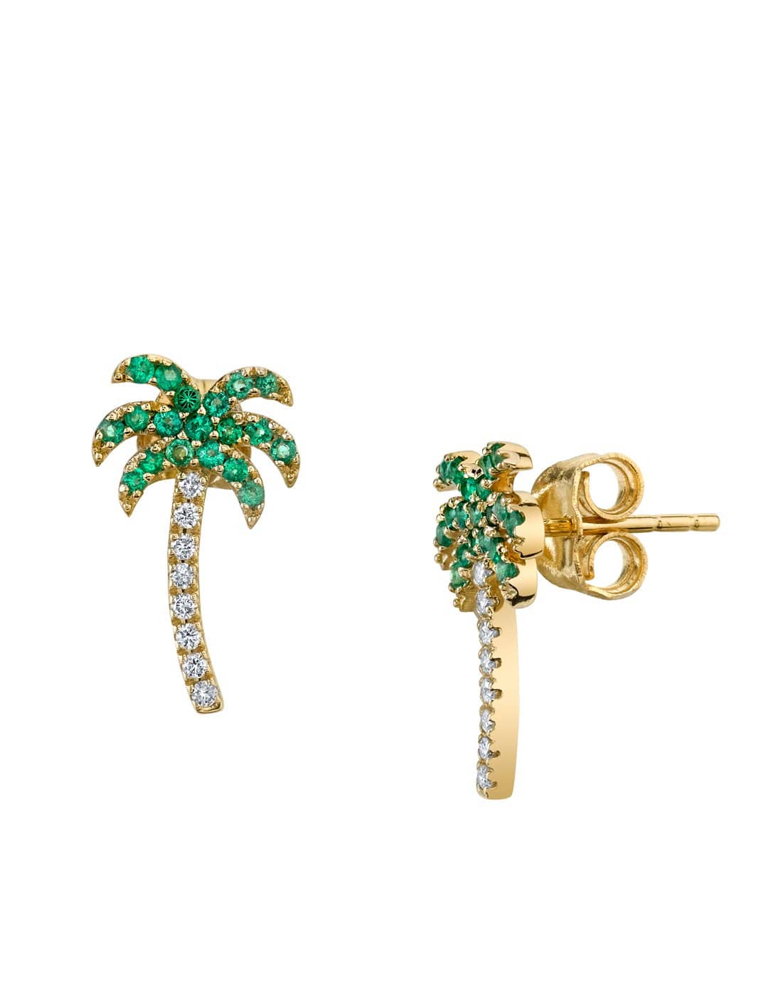 SYDNEY EVAN-Gold Diamond & Emerald Palm Tree Stud Earrings-YELLOW GOLD