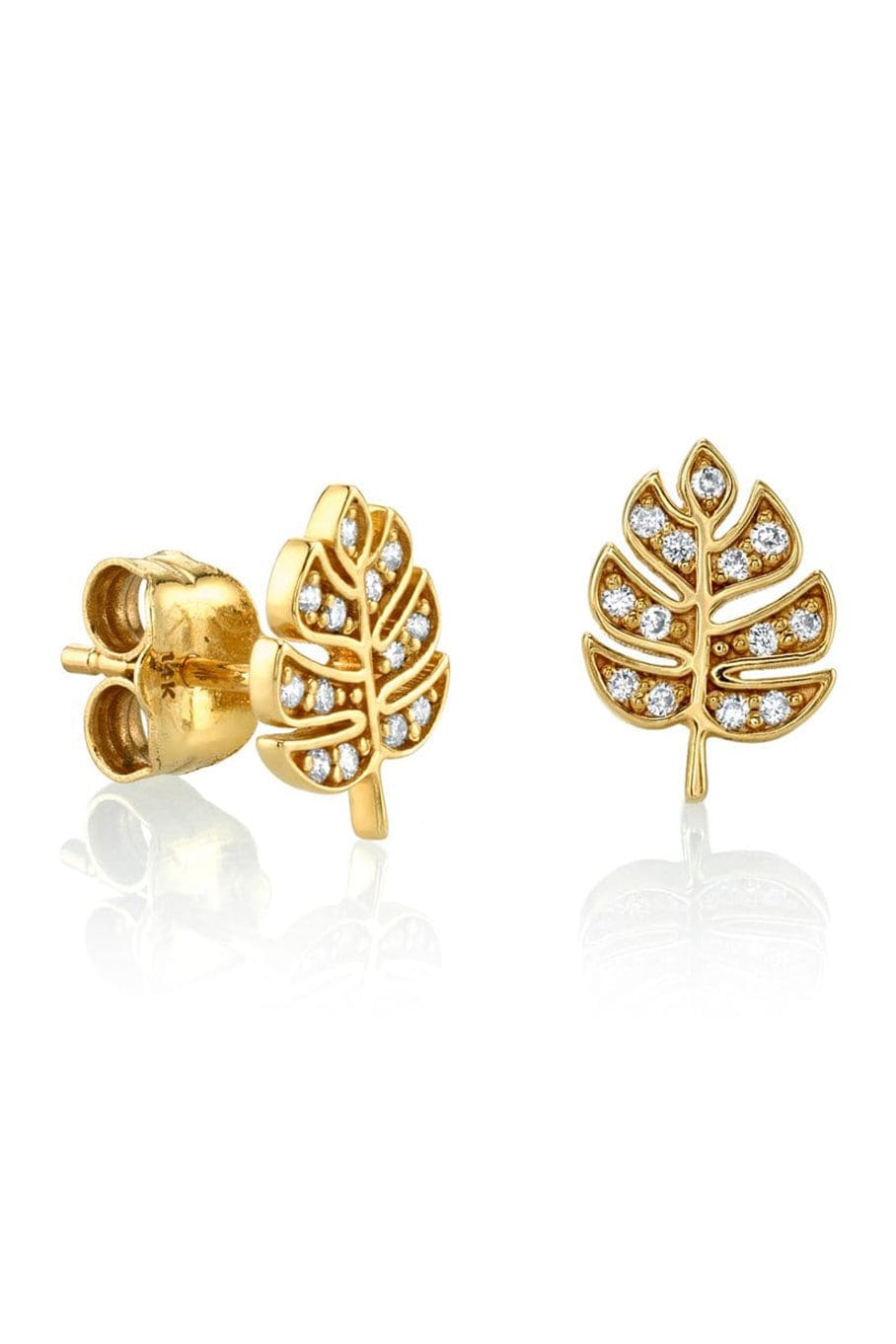 SYDNEY EVAN-Gold & Pavé Diamond Tiny Monstera Leaf Studs-YELLOW GOLD