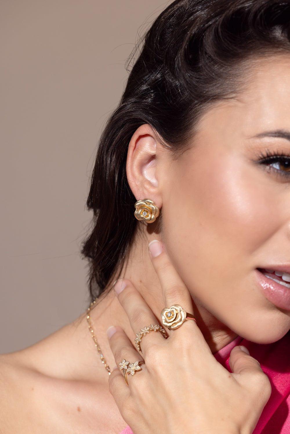 SYDNEY EVAN-Large Bezel Rose Earrings-YELLOW GOLD