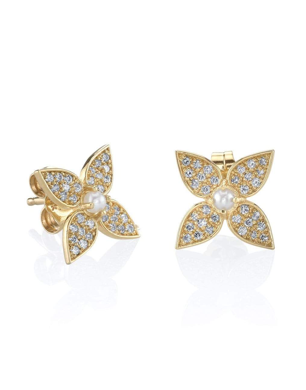 SYDNEY EVAN-Pearl Paisley Flower Studs-YELLOW GOLD