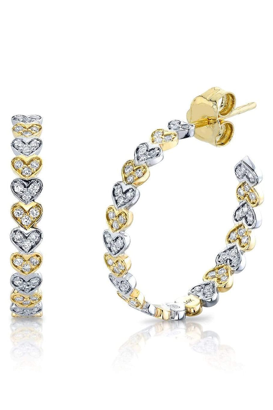 SYDNEY EVAN-Two Tone Gold & Diamond Medium Heart Eternity Hoops-YELLOW GOLD