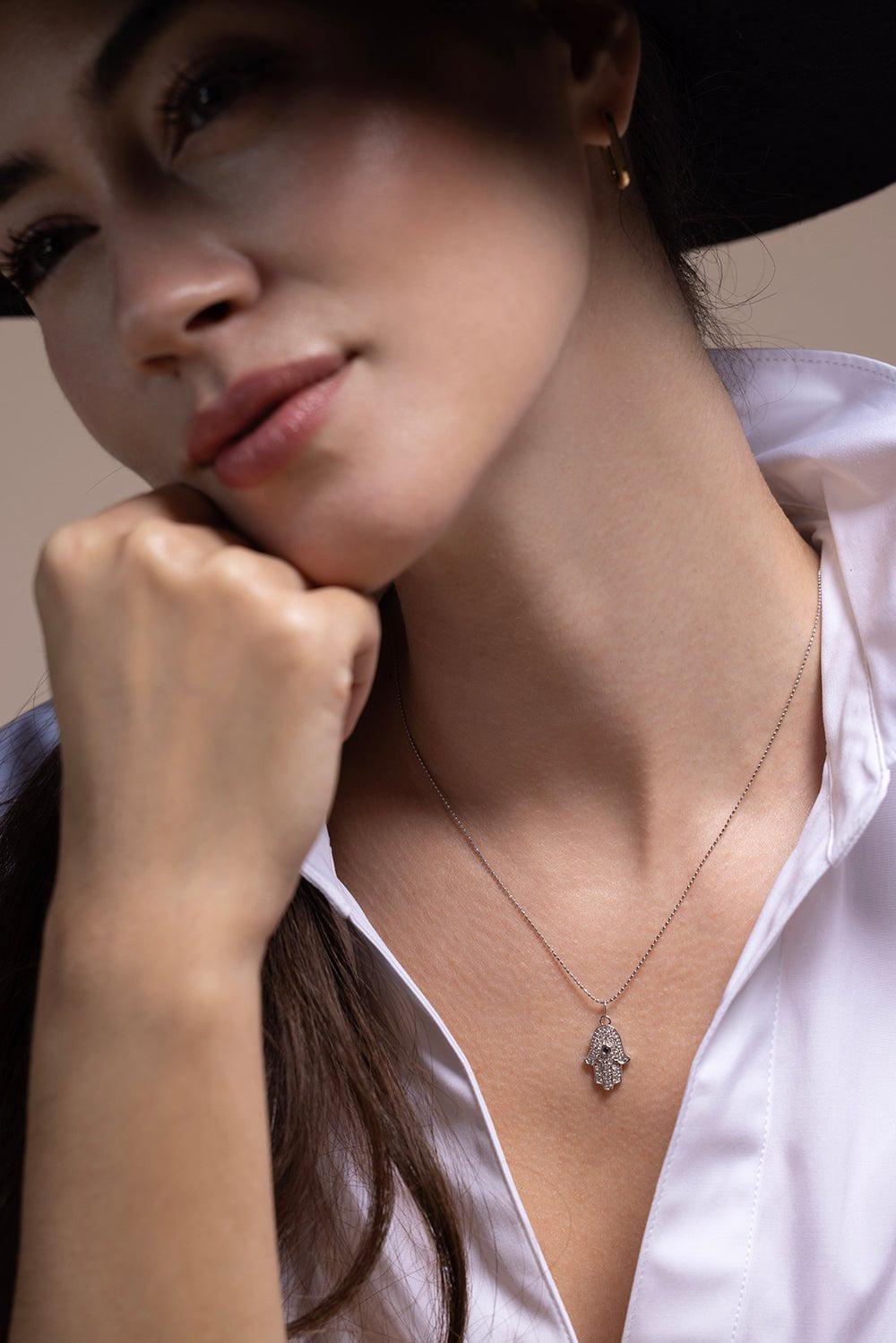 SYDNEY EVAN-Small Diamond and Sapphire Hamsa Pendant Necklace-WHITE GOLD