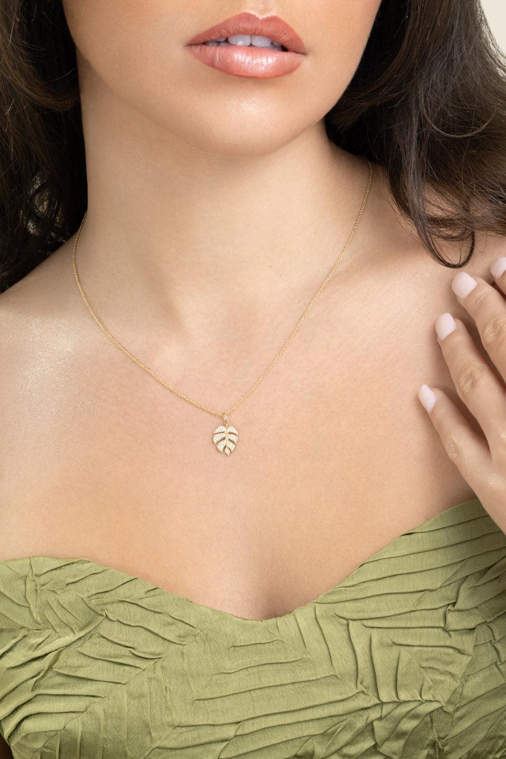 Diamond Monstera Leaf Necklace-YELLOW GOLD-JEWELRYFINE JEWELNECKLACE O-SYDNEY EVAN