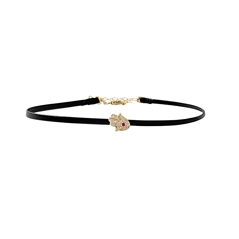 SYDNEY EVAN-Hamsa Charm Black Leather Choker-YELLOW GOLD
