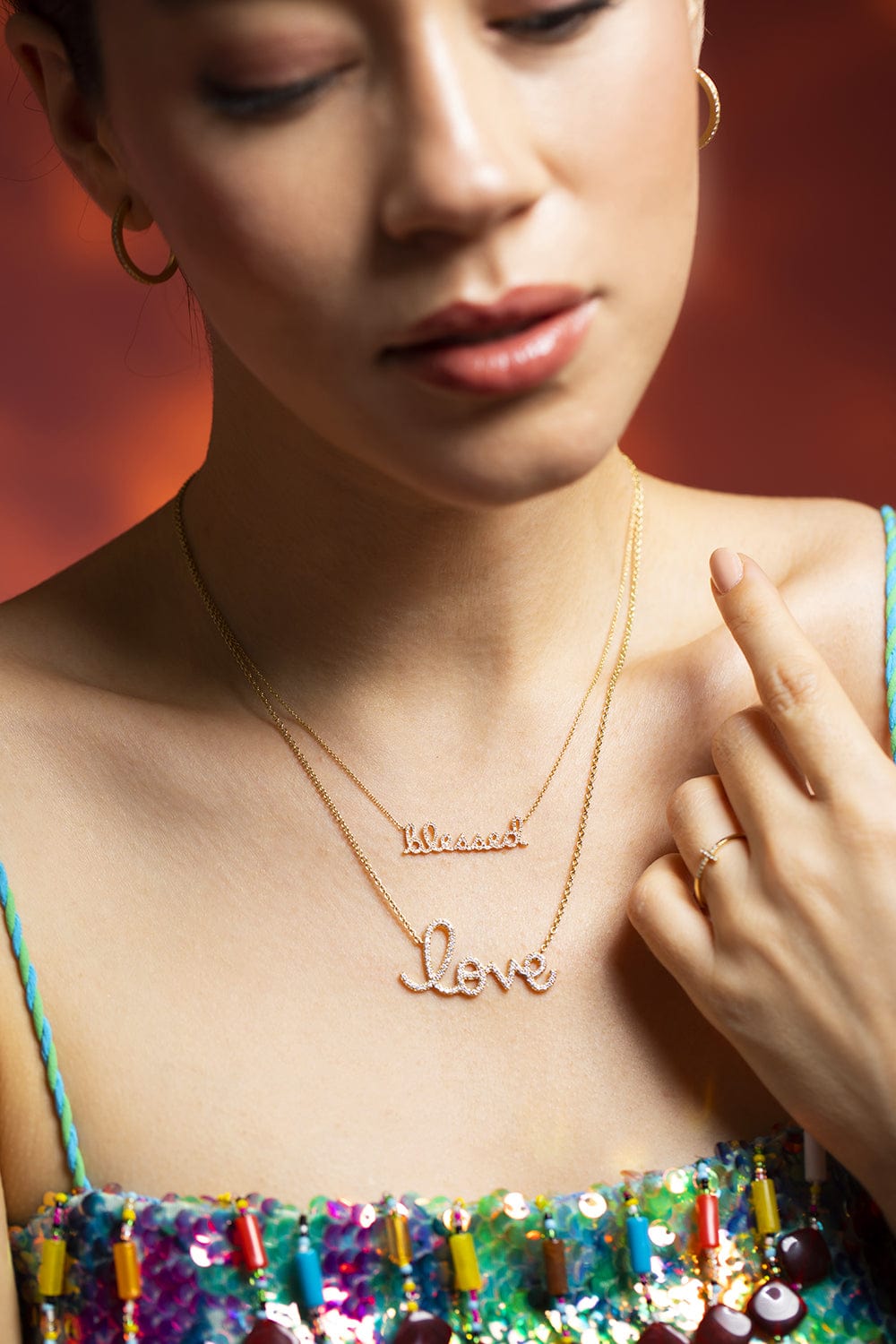 SYDNEY EVAN-Large Diamond Pave Love Script Necklace-YELLOW GOLD