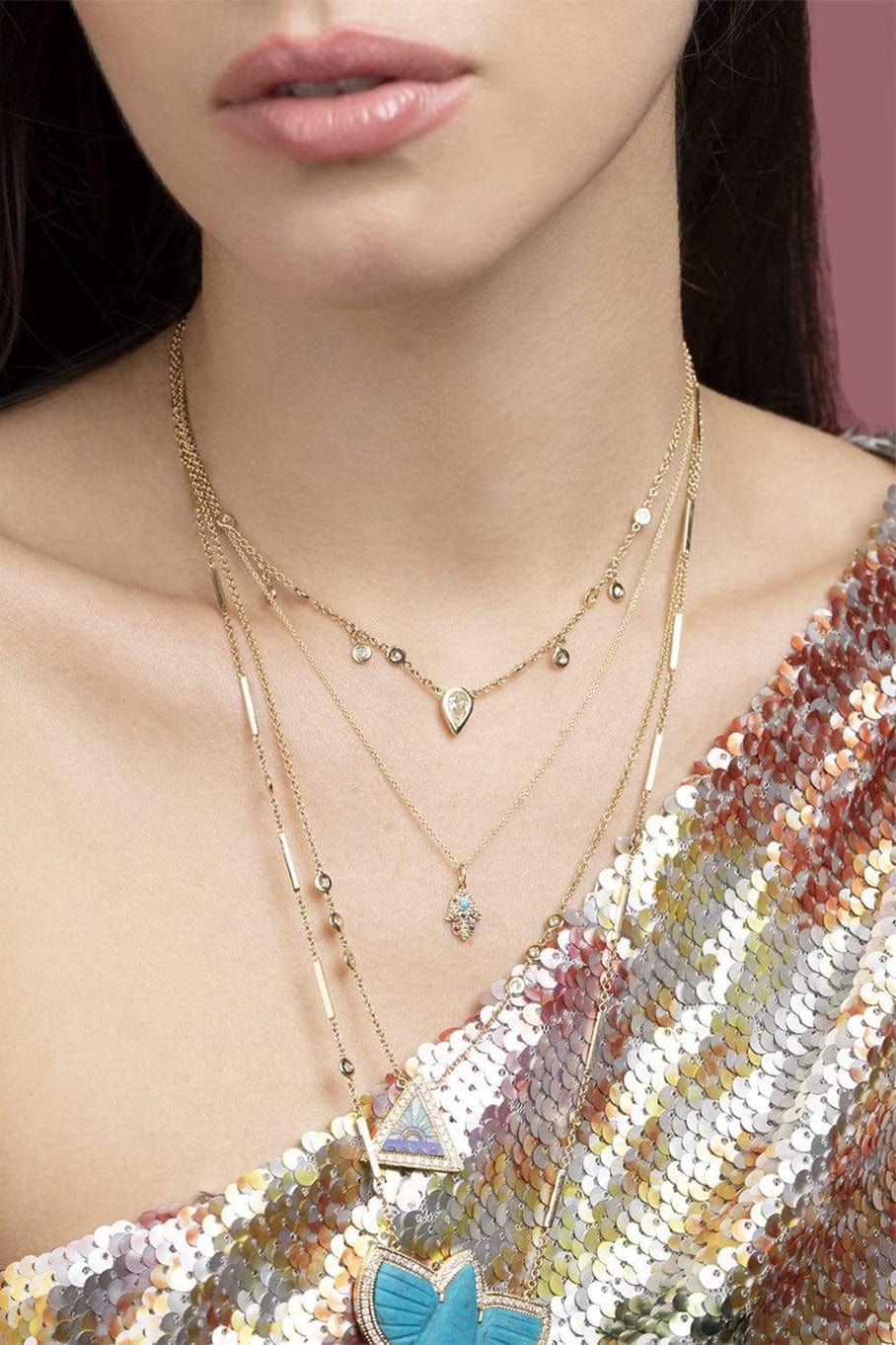 SYDNEY EVAN-Rainbow Mini Hamsa Necklace-YELLOW GOLD