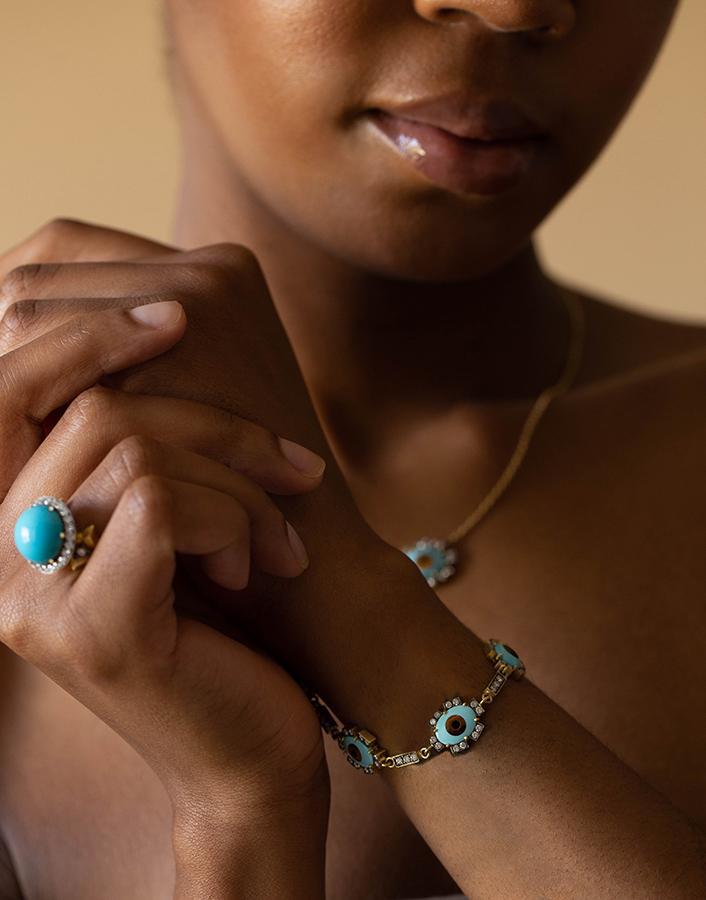 SYLVA & CIE-Turquoise and Diamond Evil Eye Bracelet-YELLOW GOLD