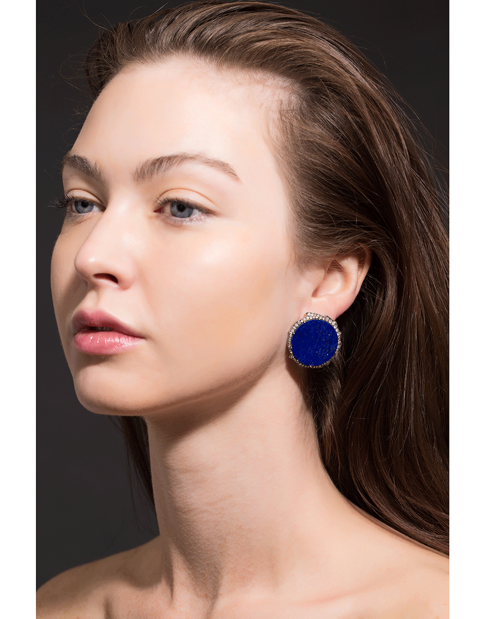 SYLVA & CIE-Round Lapis And Diamond Studs-WHITE GOLD