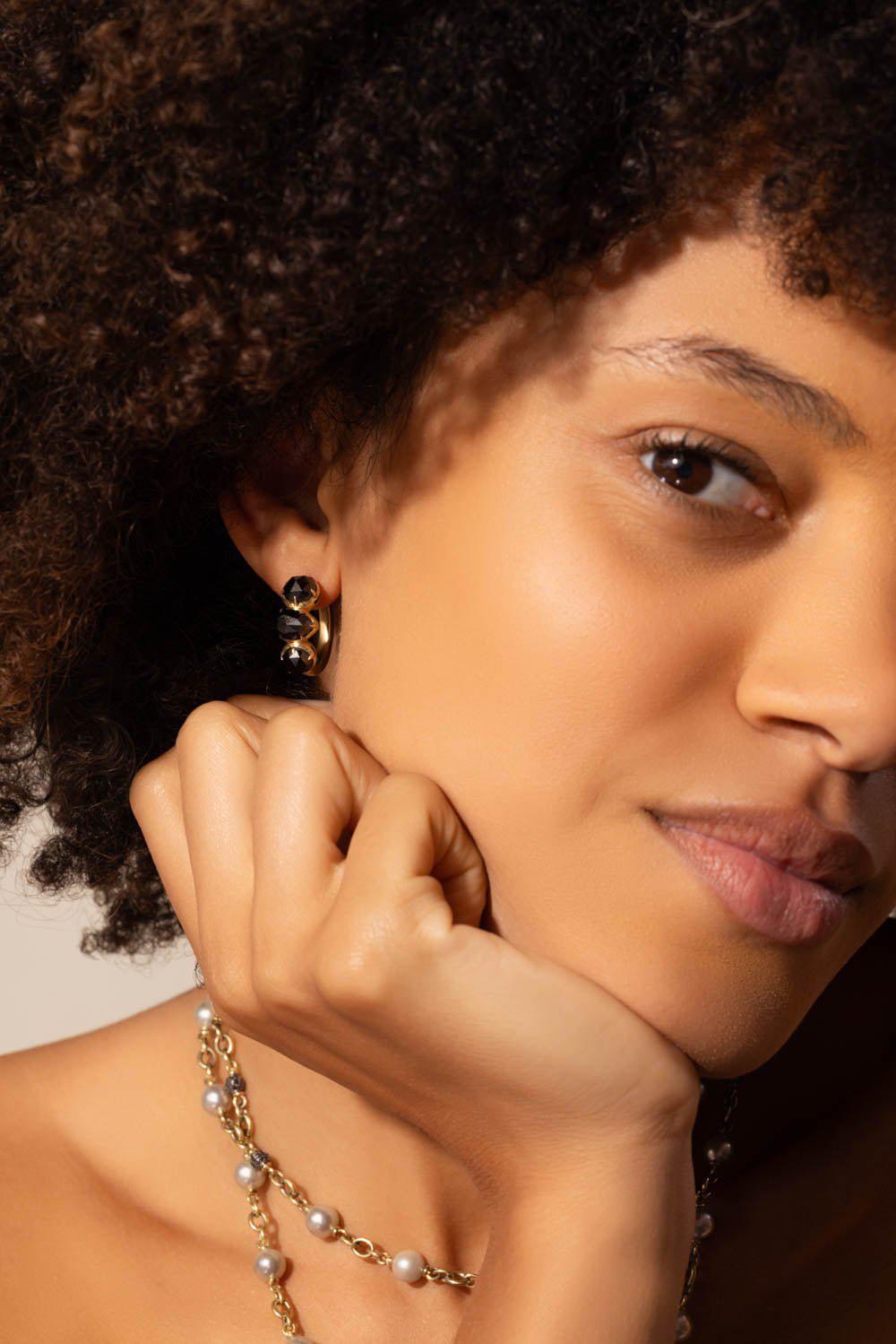 SYLVA & CIE-Black Diamond Hoop Earrings-YELLOW GOLD