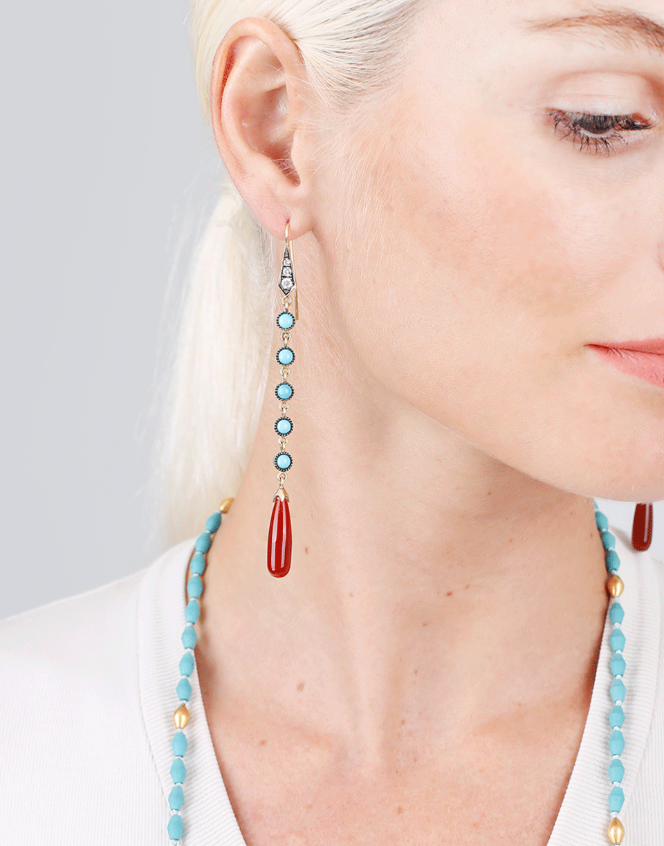 SYLVA & CIE-Carnelian And Turquoise Long Drop Earrings-YELLOW GOLD
