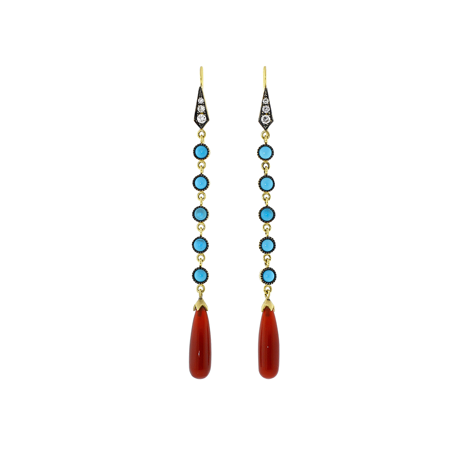 SYLVA & CIE-Carnelian And Turquoise Long Drop Earrings-YELLOW GOLD