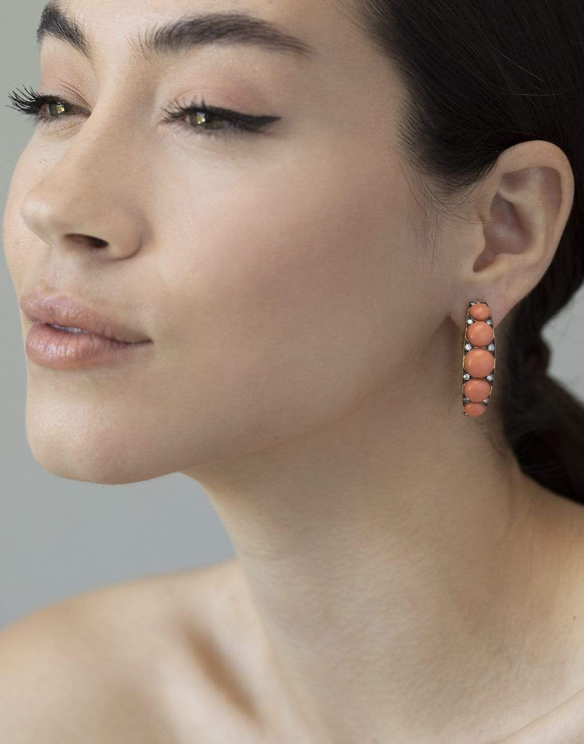 SYLVA & CIE-Coral and Diamond Half Hoop Earrings-YELLOW GOLD