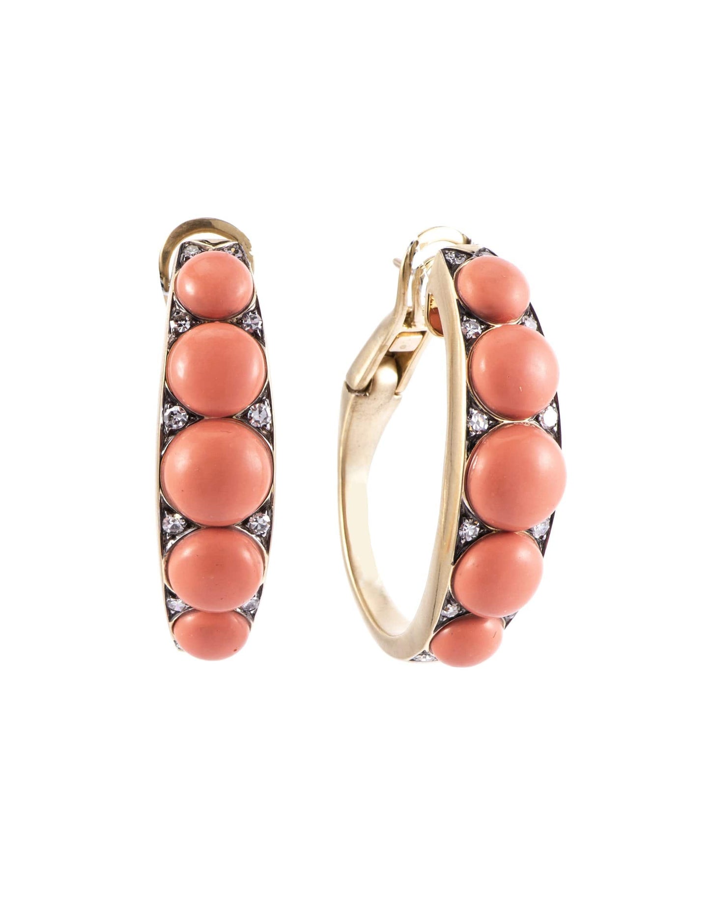 SYLVA & CIE-Coral and Diamond Half Hoop Earrings-YELLOW GOLD