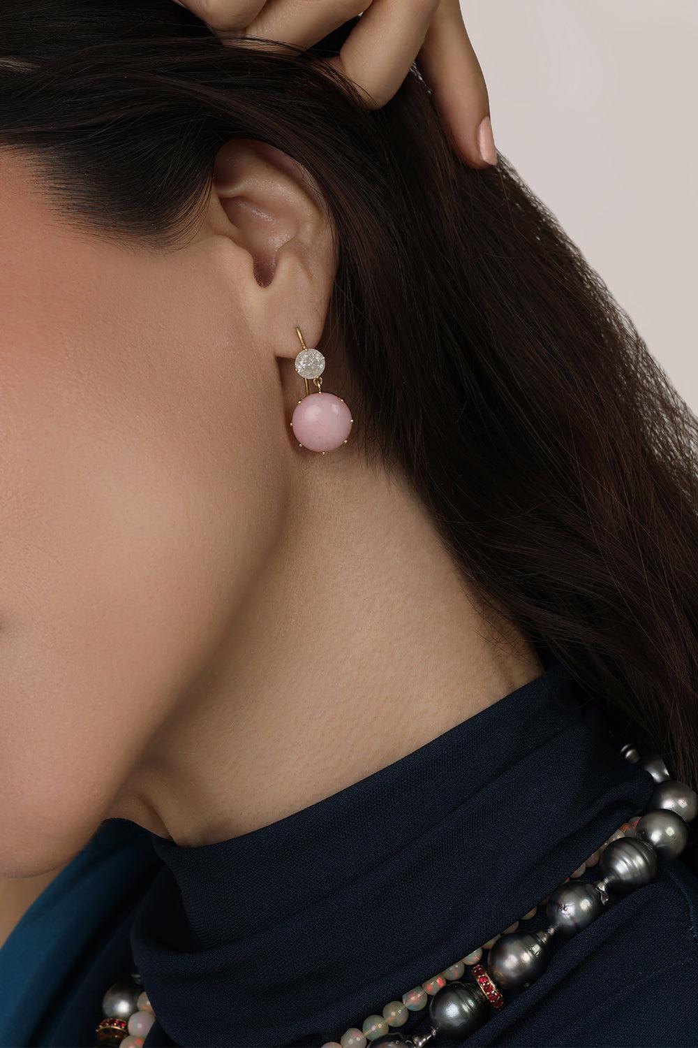 Icy Diamond Pink Opal Drop Earrings-YELLOW GOLD-JEWELRYFINE JEWELEARRING-SYLVA & CIE