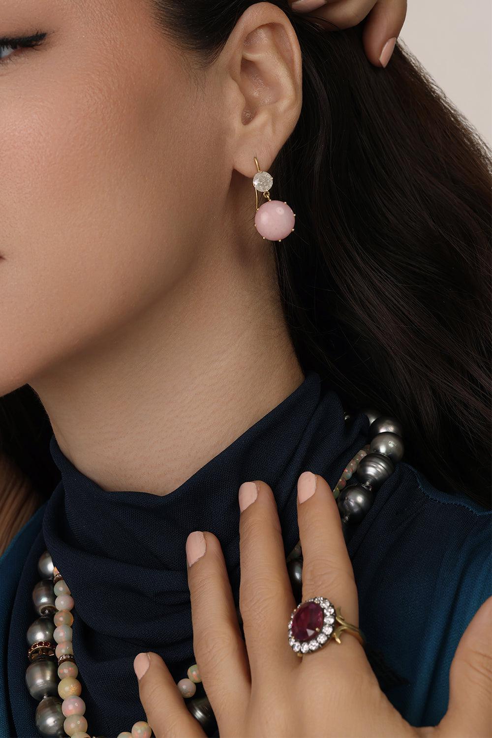 Icy Diamond Pink Opal Drop Earrings-YELLOW GOLD-JEWELRYFINE JEWELEARRING-SYLVA & CIE