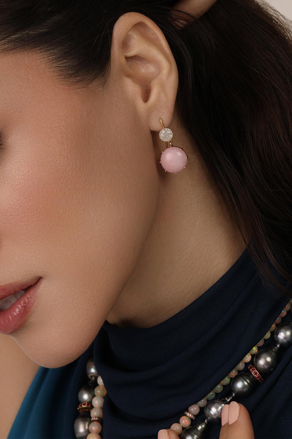 Icy Diamond Pink Opal Drop Earrings-YELLOW GOLD-JEWELRYFINE JEWELEARRING-SYLVA & CIE