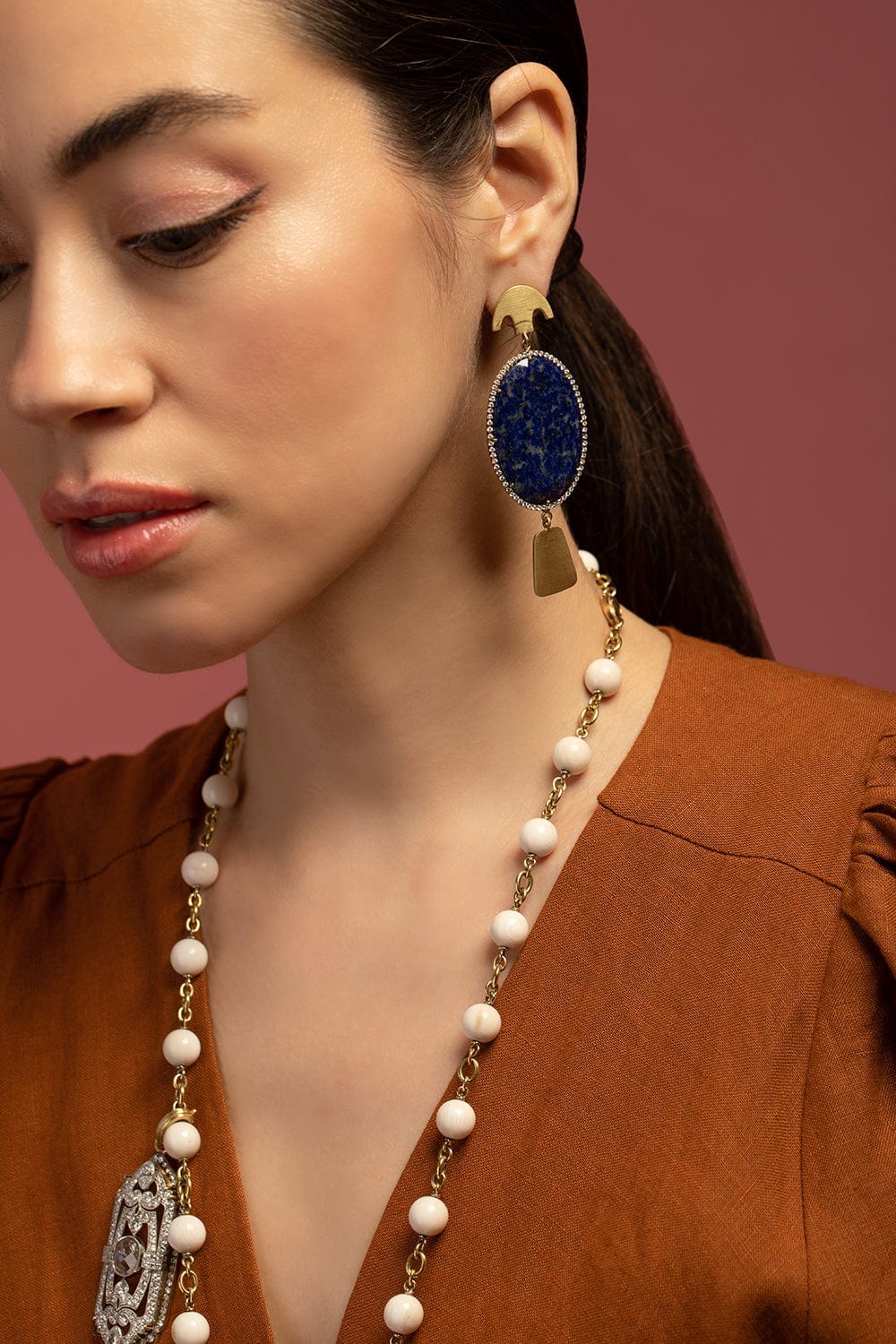 SYLVA & CIE-Oval Lapis Maya Earrings-YELLOW GOLD