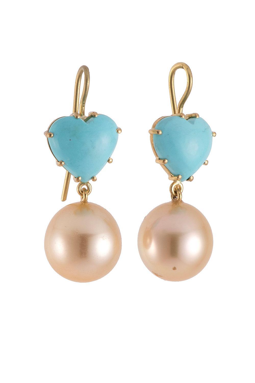 Turquoise Pearl Heart Earrings-YELLOW GOLD-JEWELRYFINE JEWELEARRING-SYLVA & CIE