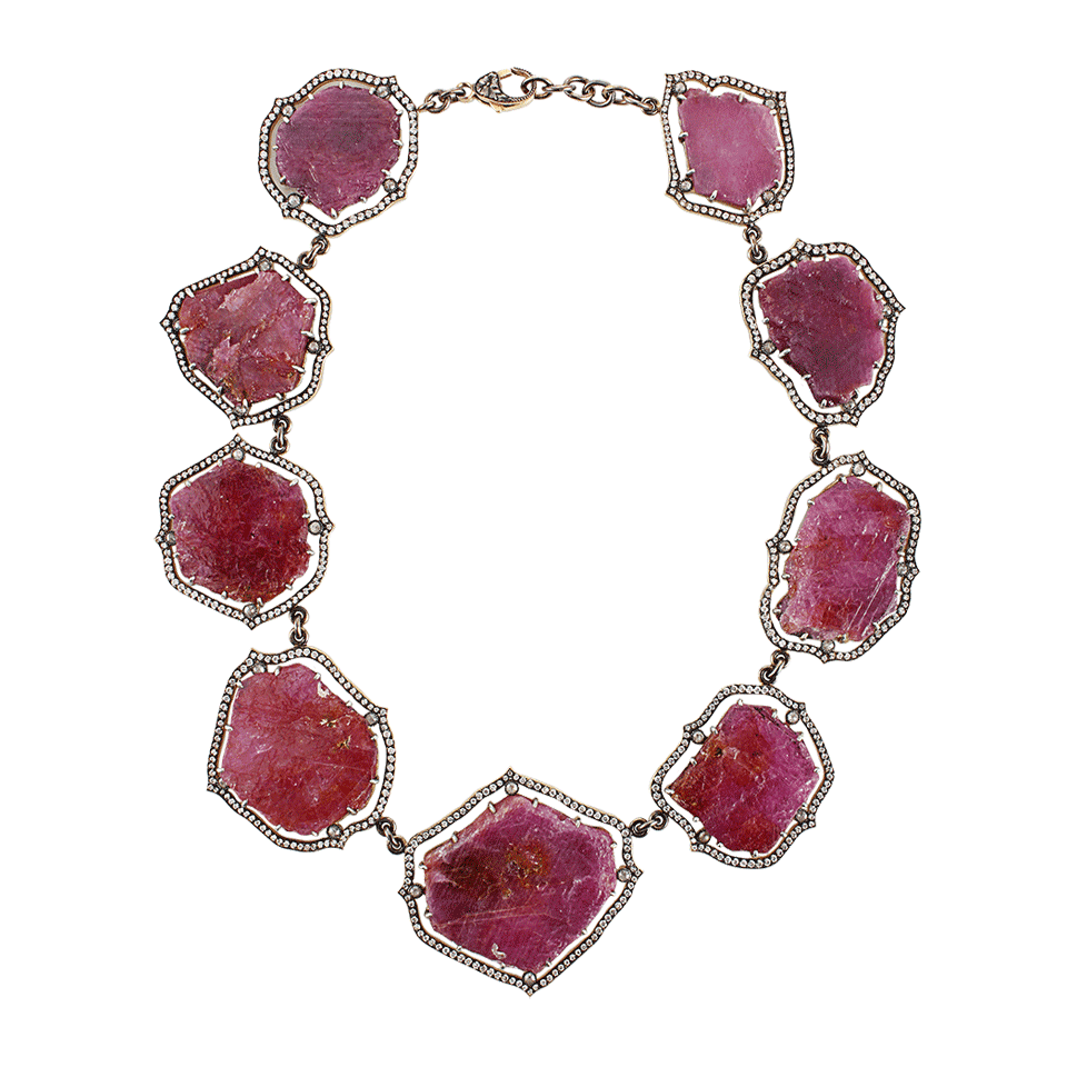 SYLVA & CIE-Ruby Necklace with Grey Diamonds and Round Brilliant Cut Diamonds-YLW GOLD
