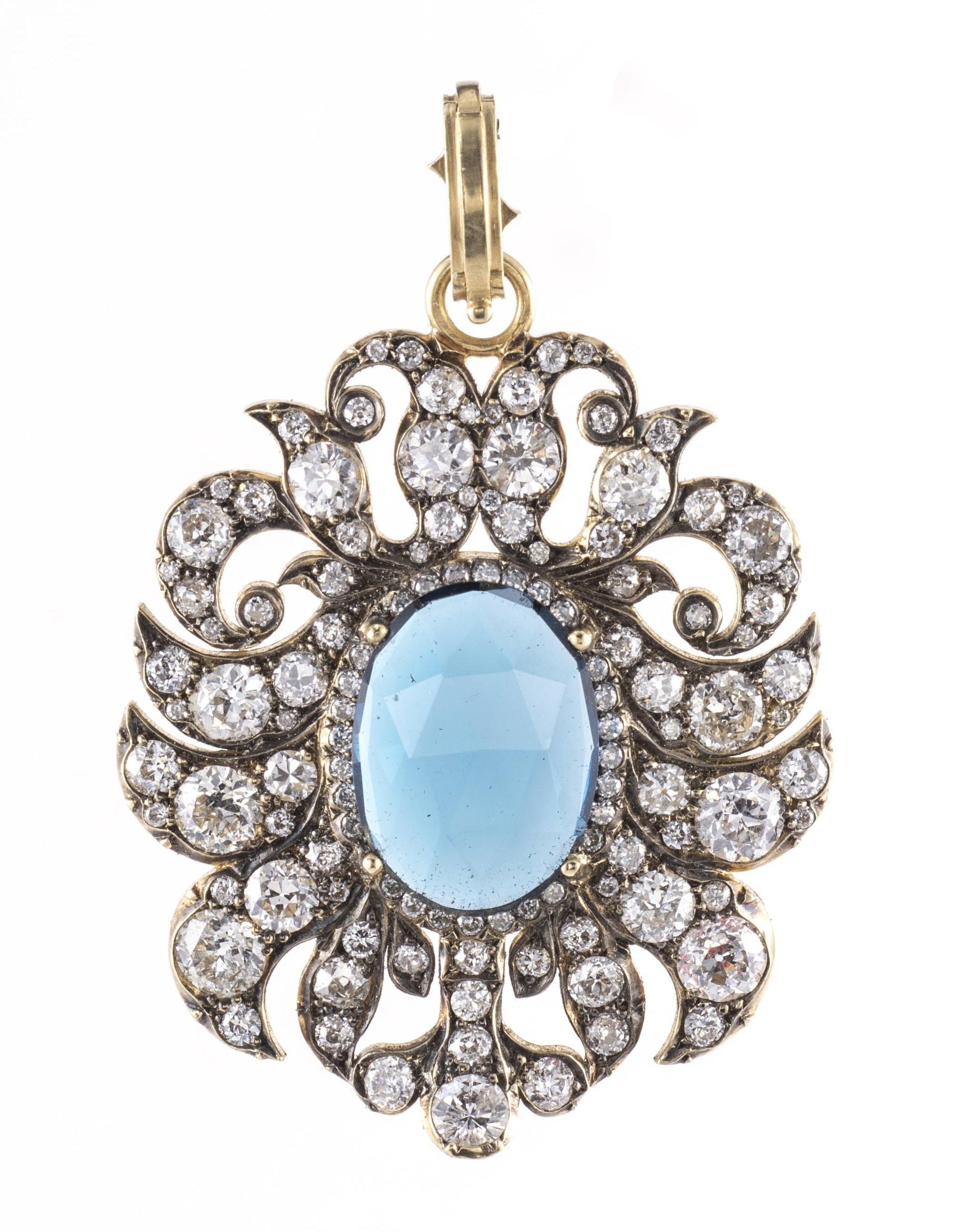SYLVA & CIE-Blue Topaz and Old Euro Diamond Pendant-YELLOW GOLD