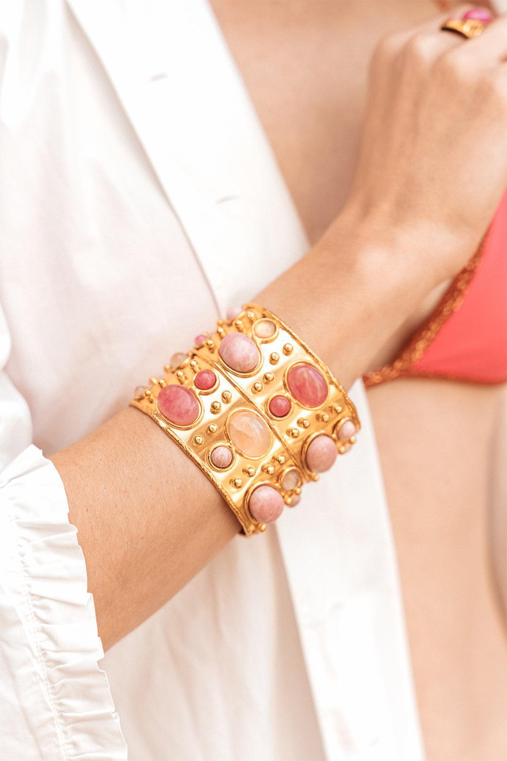 SYLVIA TOLEDANO-Pink Jade Byzance Cuff Bracelet-GOLD