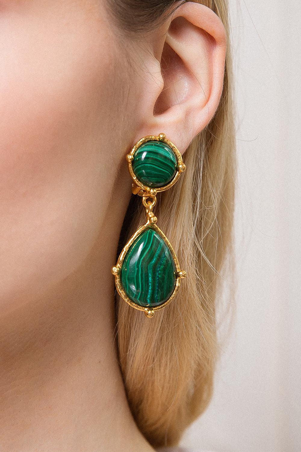 SYLVIA TOLEDANO-Malachite 2 Pierres Dots Earrings-GOLD