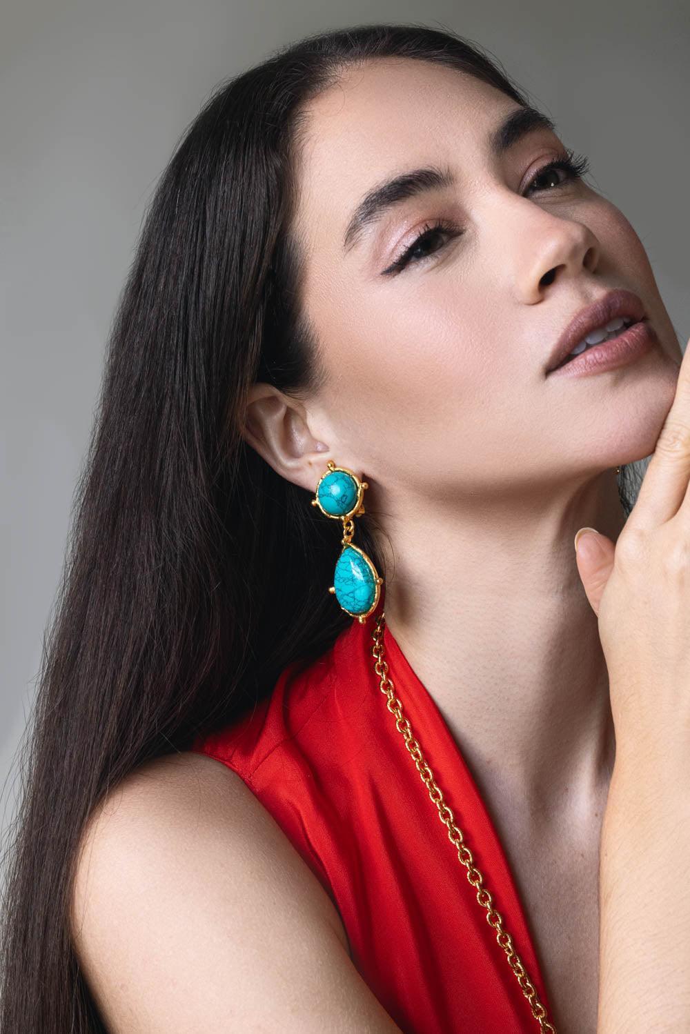 Turquoise 2 Pierres Dots Earrings-TURQ-JEWELRYBOUTIQUEEARRING-SYLVIA TOLEDANO