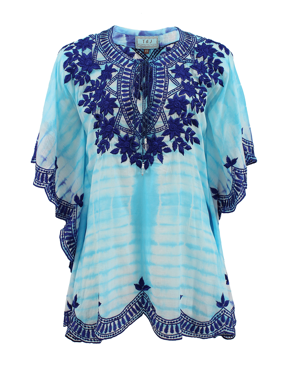 TAJ-Short Sleeve V-Neck Embroidered Tye Dye Tunic-