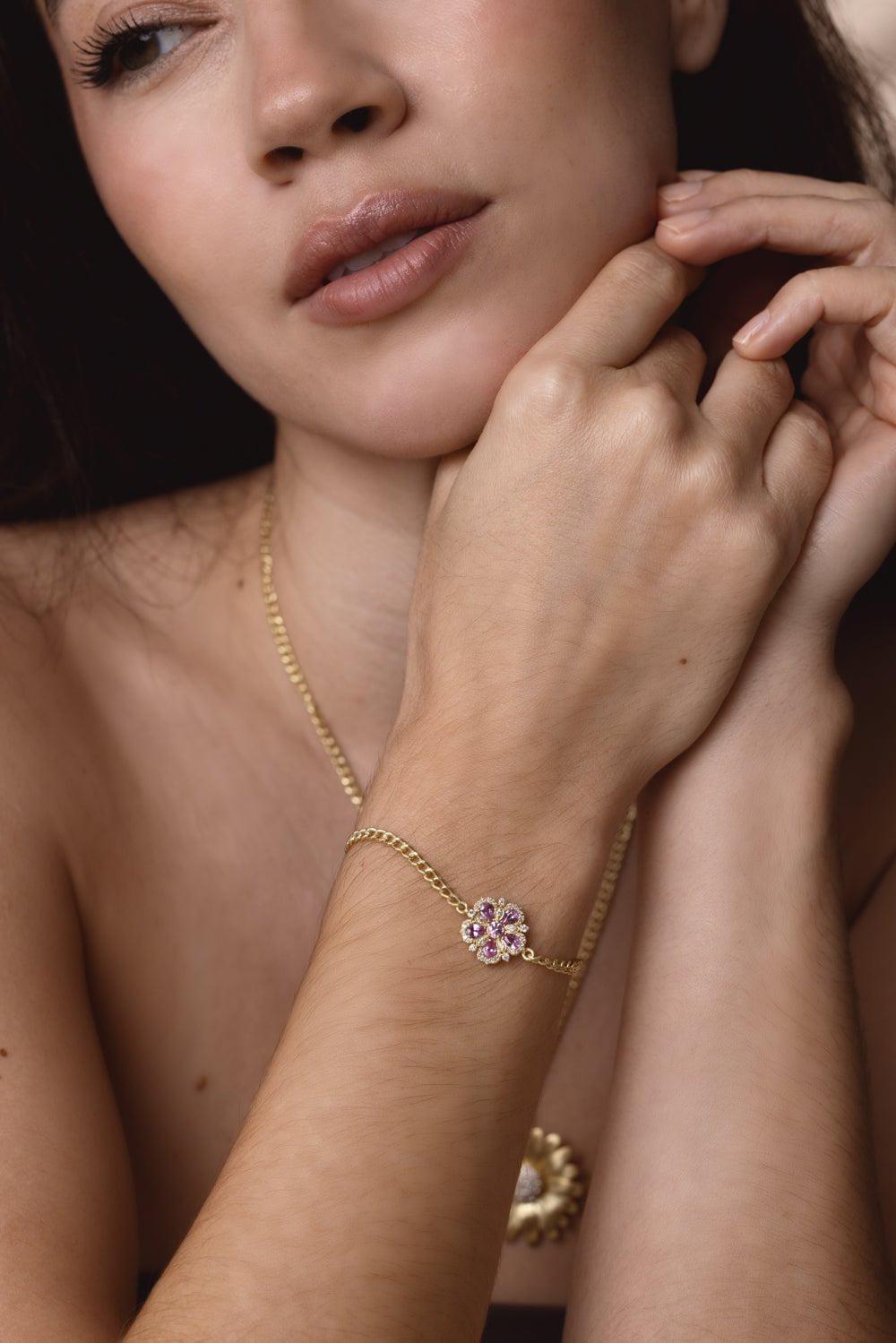 TANYA FARAH-Jasmine Bloom Pink Sapphire Diamond Flower Station Bracelet-YELLOW GOLD