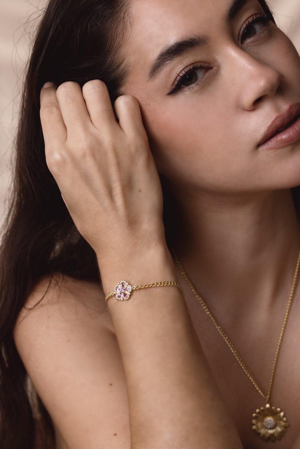 TANYA FARAH-Jasmine Bloom Pink Sapphire Diamond Flower Station Bracelet-YELLOW GOLD