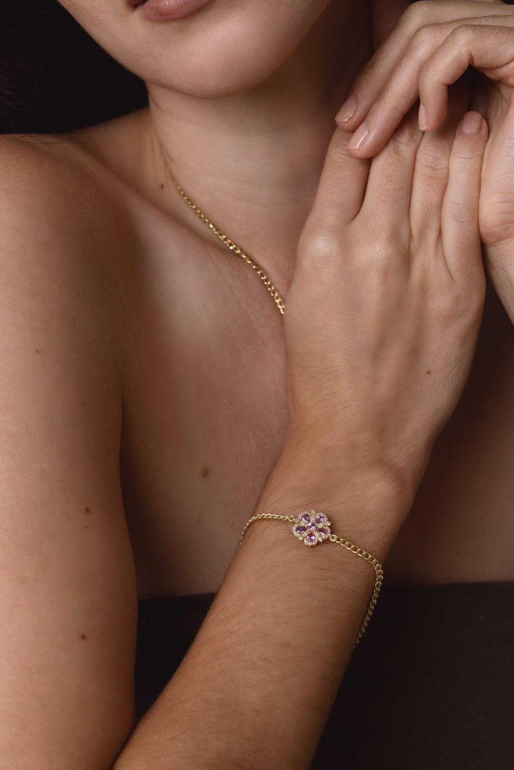 TANYA FARAH-Jasmine Bloom Pink Sapphire Diamond Flower Station Bracelet-YELLOW GOLD