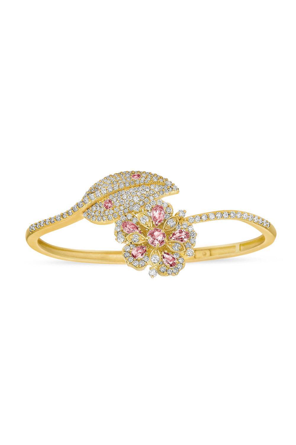 Jasmine Bloom Pink Sapphire Flower Diamond Leaf Wrap Bangle Bracelet-YELLOW GOLD-JEWELRYFINE JEWELBRACELET O-TANYA FARAH