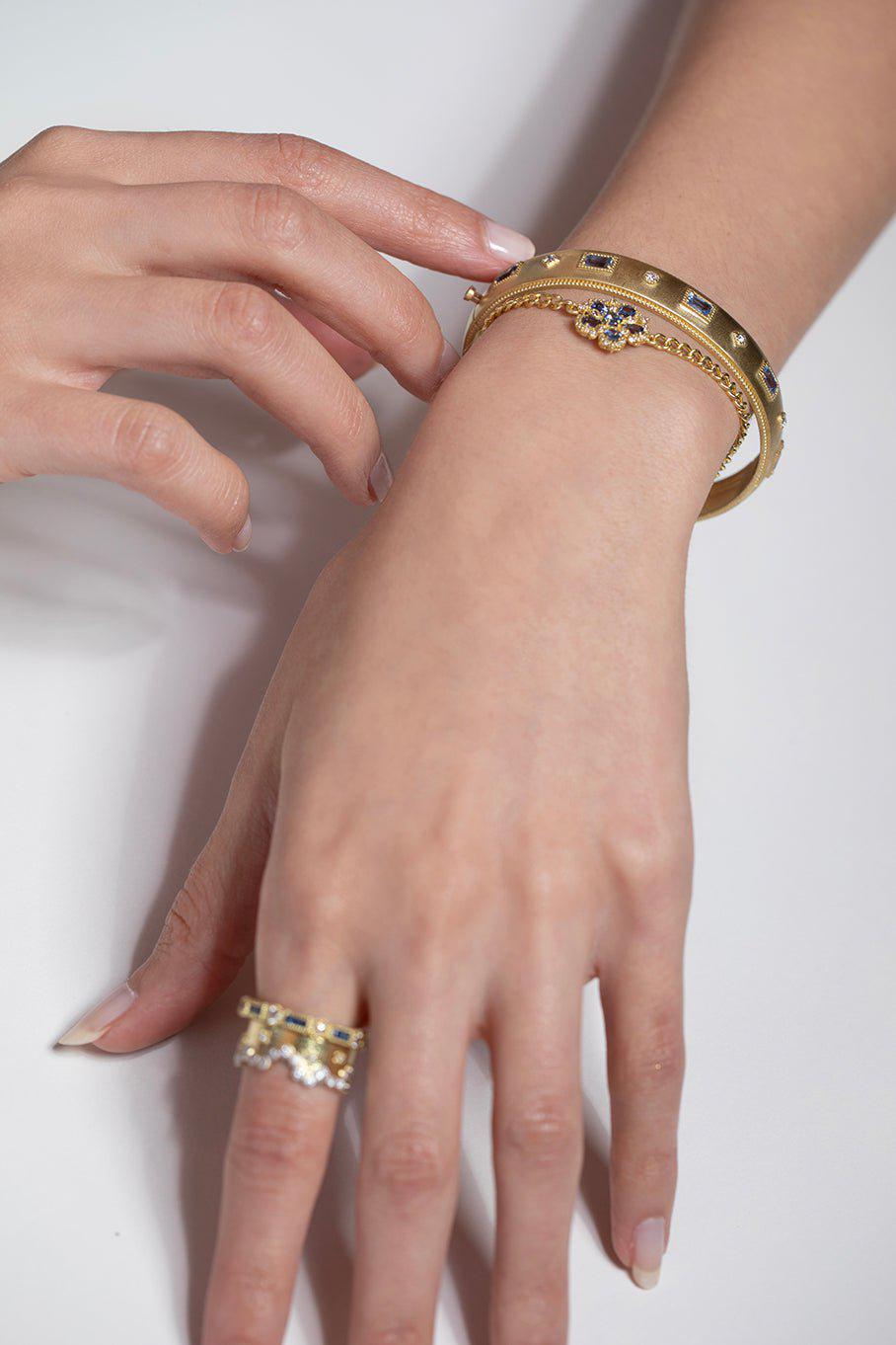 TANYA FARAH-Modern Etruscan Blue Sapphire & Diamond Bezel Bangle-YELLOW GOLD