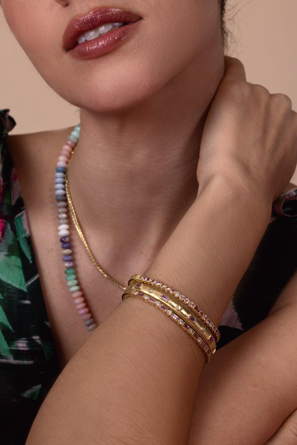 TANYA FARAH-Modern Etruscan Pink Sapphire Baguette Diamond Bangle-YELLOW GOLD